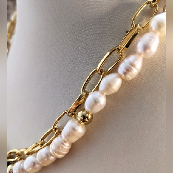 Natural Green Emerald & Freshwater Pearls In Paperclip Necklace And Bracelet - Picture 7 of 11